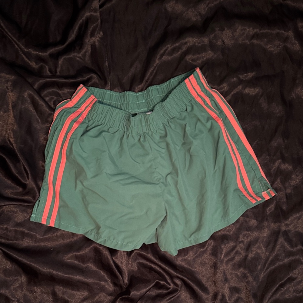 Women’s Green Athletic Shorts with Pink Stripes